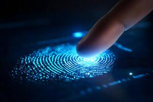 Human Finger Touching Digital Fingerprint on High Tech Screen in Dark Environment photo