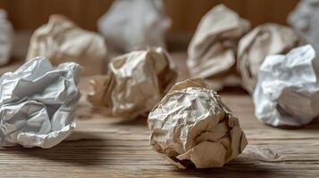 Crumpled Paper Balls on Wooden Surface in Warm Indoor Lighting photo