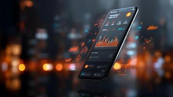 Smartphone Displaying Financial Data and Charts in Dark Mode at Night photo