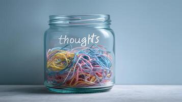 Clear Glass Jar Filled with Colorful Yarn and the Word Thoughts Written on Front photo