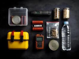 Emergency Survival Kit with Water Bottle Flashlight and Ammunition on Black Surface photo