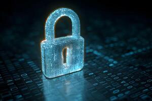Digital Security Lock Icon in Blue Glowing Style on Binary Data Background photo