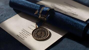 Diploma Certificate with Seal and Blue Ribbon on Textured Paper for Academic Achievement photo