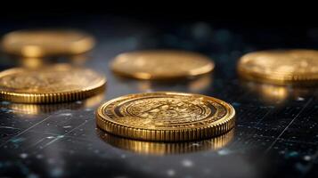 Golden Cryptocurrency Coins on Digital Financial Chart Showing Blockchain Technology photo