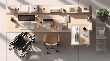 Accessible Modern Office Desk Workspace with Computer and Wheelchair in Bright Natural Light photo