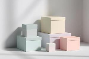 Pastel Colored Gift Boxes on White Background in Studio Setting photo