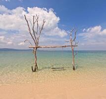 Wooden swing stands in clear turquoise water near the shore of Starfish Island, Phu Quoc, Vietnam. Tropical landscape with gentle waves and a clean sky creates a feeling of seclusion and relaxation. photo