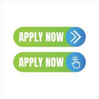 Two modern apply now buttons with green to blue gradient and white text one with a click icon and the other with double arrows vector