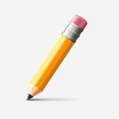 Volumetric 3D yellow wooden pencil with eraser. Realistic short pencil for sketching, writing, or design. icon isolated on white background.