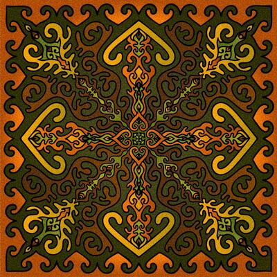 Traditional ornamental motif with symmetrical Central Asian pattern and steppe inspired color palette