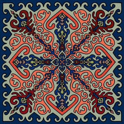 Decorative Central Asian symmetrical pattern balancing soft hues and strong ornamental energy