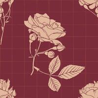 Hand drawn grid seamless pattern with botanical rose in burgundy and terracotta color palette vector