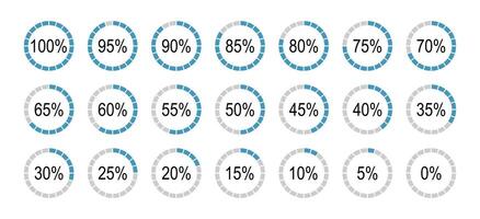 Set of round diagrams icons for infographics from 0 to 100 percent. Blue, grey color fill divided pie charts indicator. Percentage infographics minimalist elements. Circle graph loading progress. vector