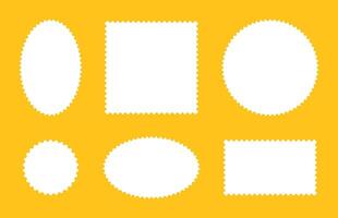 Postage white stamp frames. Set of empty borders, backdrops for postcard, letter. Tags, labels, coupons, boxes with curvy, wiggly, wavy perforated edges. Blank circle, rectangular vintage stamps. vector