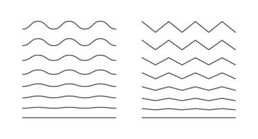 Wavy, curvy, zigzag minimalist lines. Undulate borders, transverse horizontal line. Sine, fluid, air, wind signs. Water, river, lake, sea, ocean simple symbol. Outline thin graphic illustration. vector
