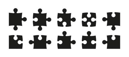 Jigsaw puzzle pieces silhouette templates. Black minimalist pieces puzzle icon set. Jigsaw puzzle patterns for concept illustrations. Puzzle on white background. vector