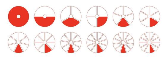 Circles divided diagrams 1, 2, 3, 10, 7, 8, 9, 10, 11, 12 equal parts. Red segments wheel round divide infographic. Graph pie, pizza shape section charts simple icons. Coaching blank template. vector