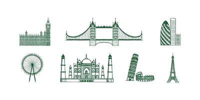 Colorful collection of world travel icons representing famous landmarks, transport, and vacation themes for global tourism and adventure design projects vector