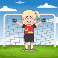 Young girl happily posing as goalkeeper vector
