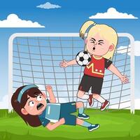 Girls playing soccer in animated scene vector