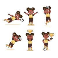 set of Cute African American Black Girl Character Cartoon Playing Football vector