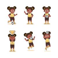 set of Cute African American Girl Character Playing Football with different pose vector