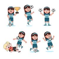 Cute Girl Long Hair Character Playing Football with different pose set vector