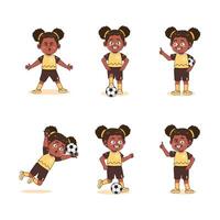 Cute African American Girl Character Playing Football Set vector
