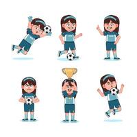 Cute Girl Character Cartoon Playing Football with different pose set vector