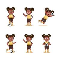 Set of Cute African American Girl Character Playing Football vector