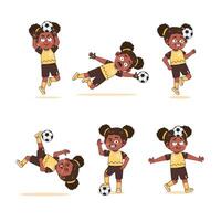 set of Cute African American Girl Character Cartoon Playing Football with different pose vector
