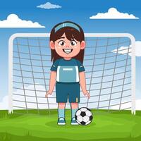 Cute Girl Cartoon Character Playing Football Stand and Smile vector