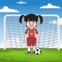 Cute Chinese Girl Character Playing Football Stand and Smile vector
