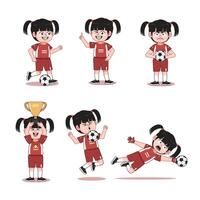 Cute Chinese Girl Cartoon Character Playing Football with different pose Collections vector