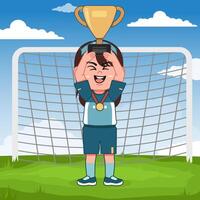 Cute Girl Character Playing Football Lifting Trophy vector