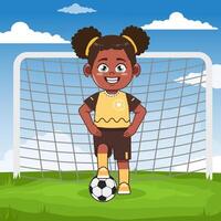 Cute African American Girl Cartoon Character Playing Football Pose vector