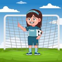 Cute Girl Cartoon Character Playing Football Pointing Finger vector