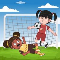 Cute Girl Character Playing Football With Friend vector
