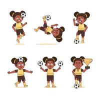 Cute African American Girl Character Cartoon Playing Football with different pose set vector