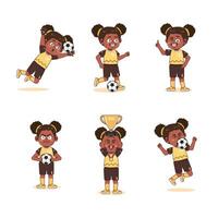 Cute African American Girl Character Playing Football with different pose set vector