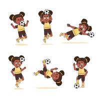 set of Cute African American Girl Character Cartoon Playing Football vector