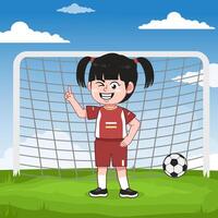 Cute Chinese Girl Cartoon Character Playing Football Pointing Finger vector