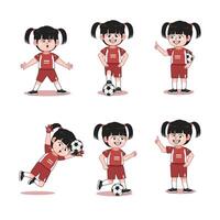 Set of Cute Chinese Girl Cartoon Character Playing Football vector