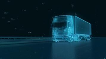 3d footage HUD wireframe truck isolated on the blue background with alpha channel for overlay design or screen blending video editing hologram or futuristic hud concept
