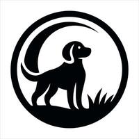 Minimalist black silhouette of a dog standing in grass inside a circle vector