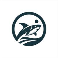 Stylized shark leaping from water with a sun in a circle logo vector