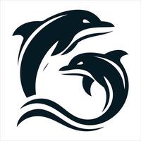 Two stylized dolphins leaping through stylized waves in a minimalist design vector