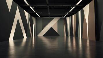 Empty room with dark walls and long narrow lamps photo
