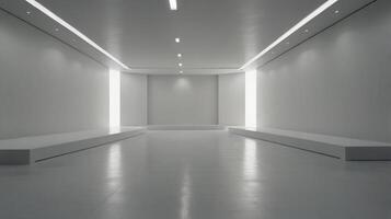 A large hall with white walls and bright lighting. photo