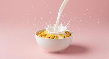 A stream of milk pouring into a bowl of breakfast cereal, capturing the splash and texture of the cereal and milk interaction photo